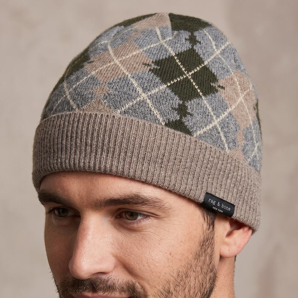 Rag & Bone Men's Argyle Beanie Hat Cashmere Wool Blend Grey Green OS
